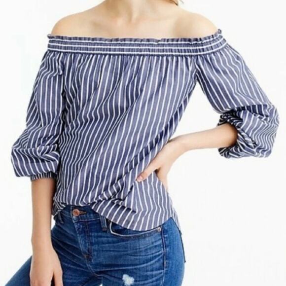 JCrew Blue White Striped Off The Shoulder Cotton Long Sleeve Top Size 14 - Picture 1 of 16
